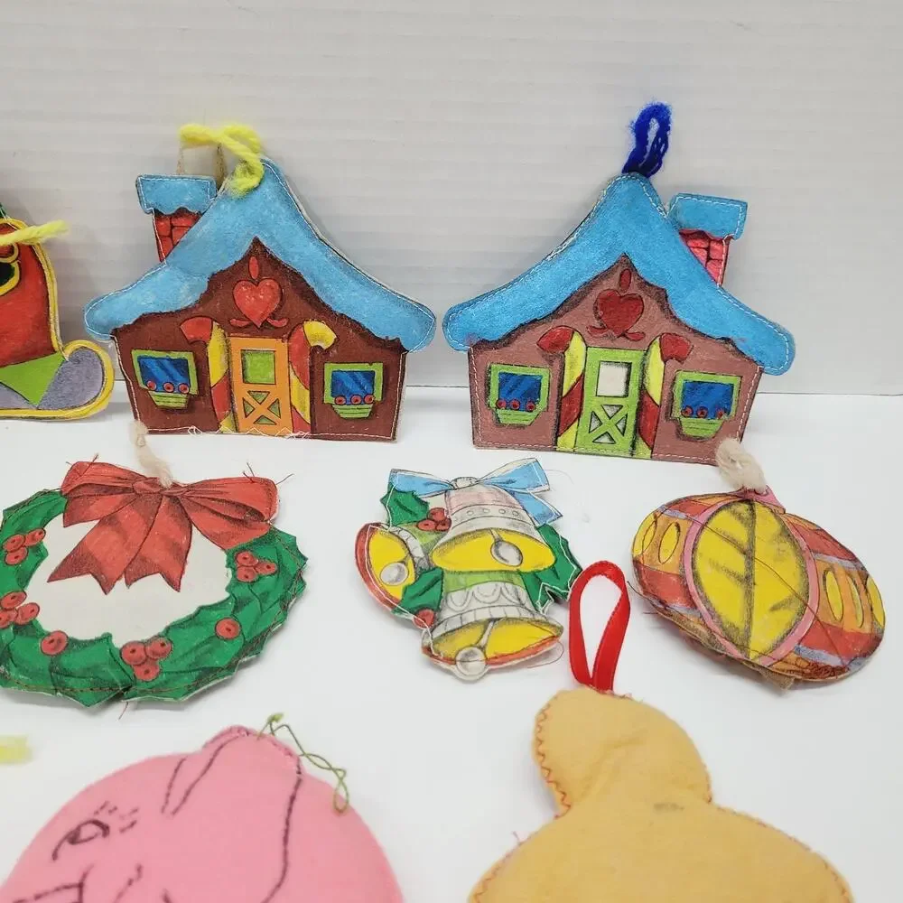Handmade Sewn Painted Christmas Stitched Stuffed Fabric Ornaments Vtg Lot of 15